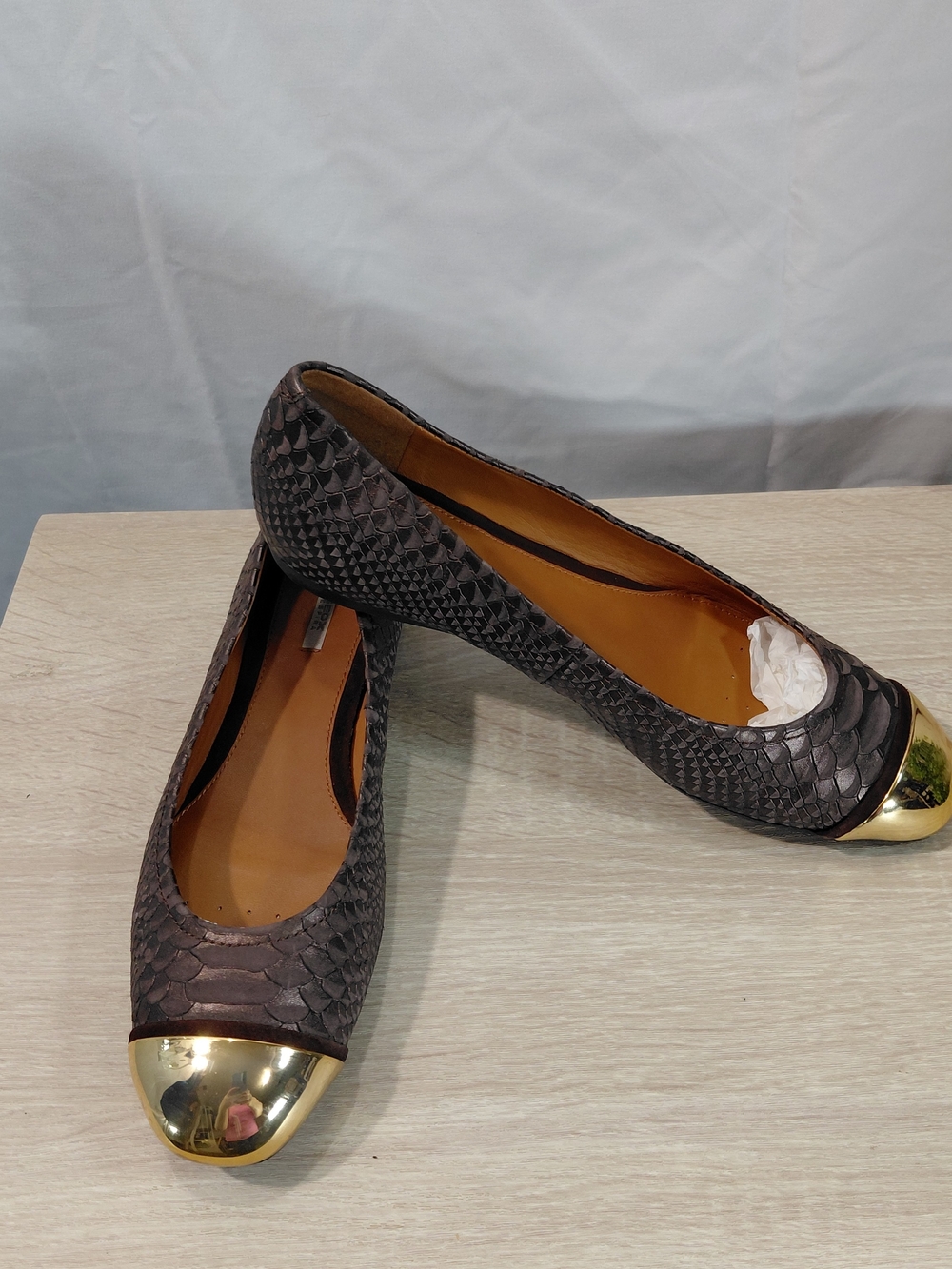 Geox Lola brown python textured leather ballet flats gold toe size 39